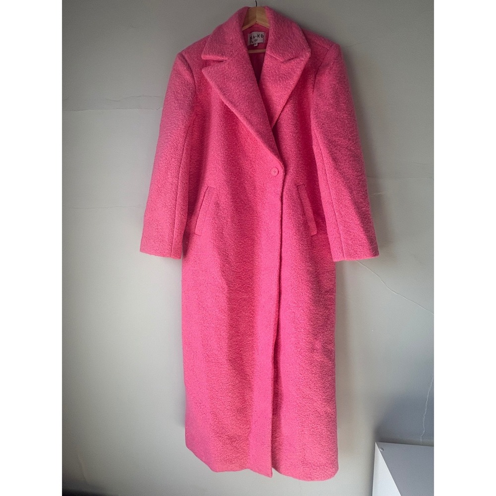 NA-KD Longline Boucle Wool Blend Coat‎ Hot Pink Oversized Single Button Size 36 - Picture 5 of 9